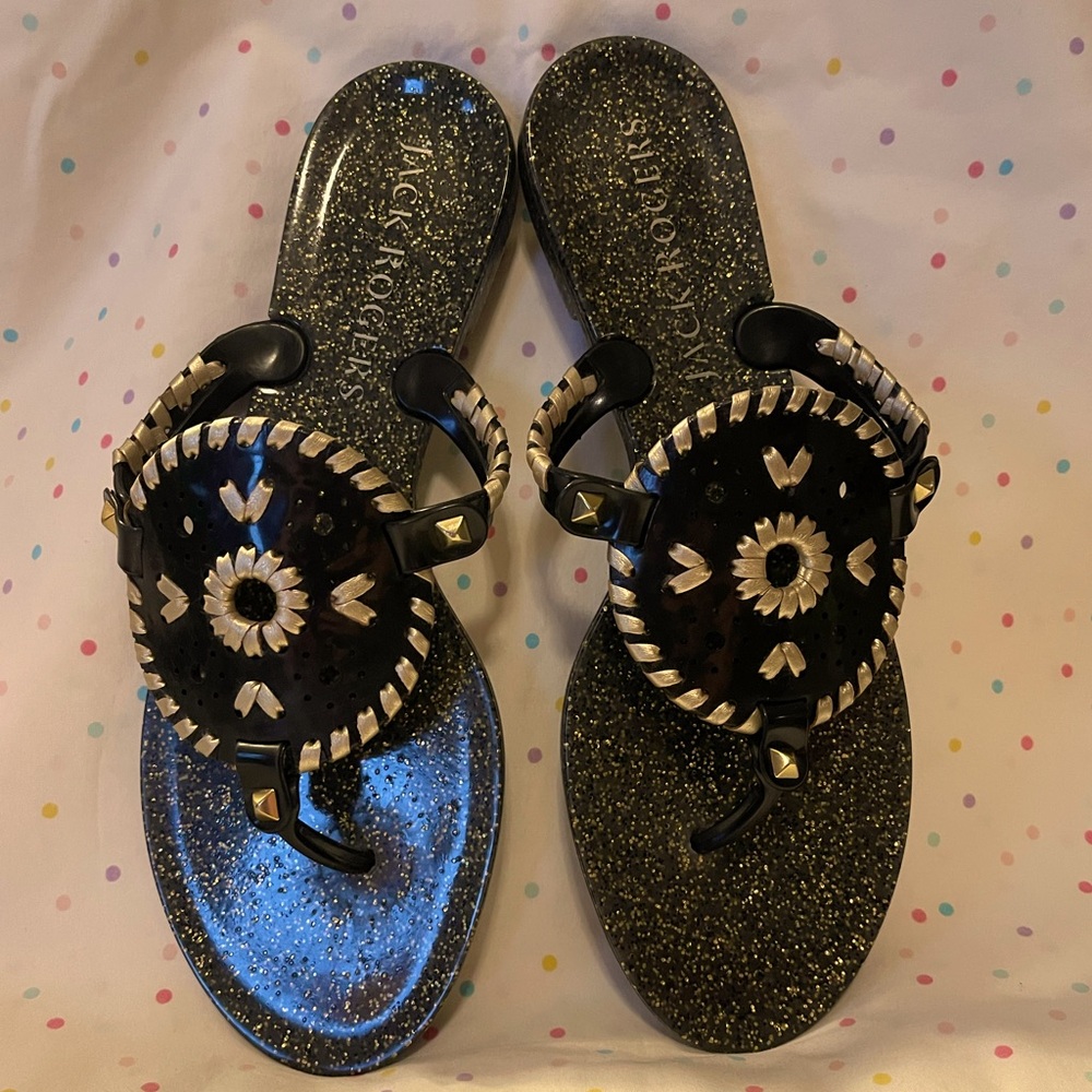 Jack Rogers Georgica Sandals Black/Gold Jelly, Size Womens’ 8 NWOT